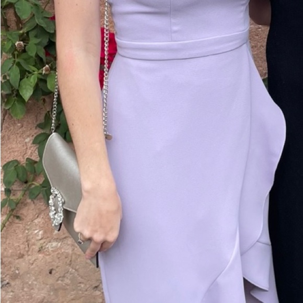 Elegant Lavender Dress with Silver Chain Bag